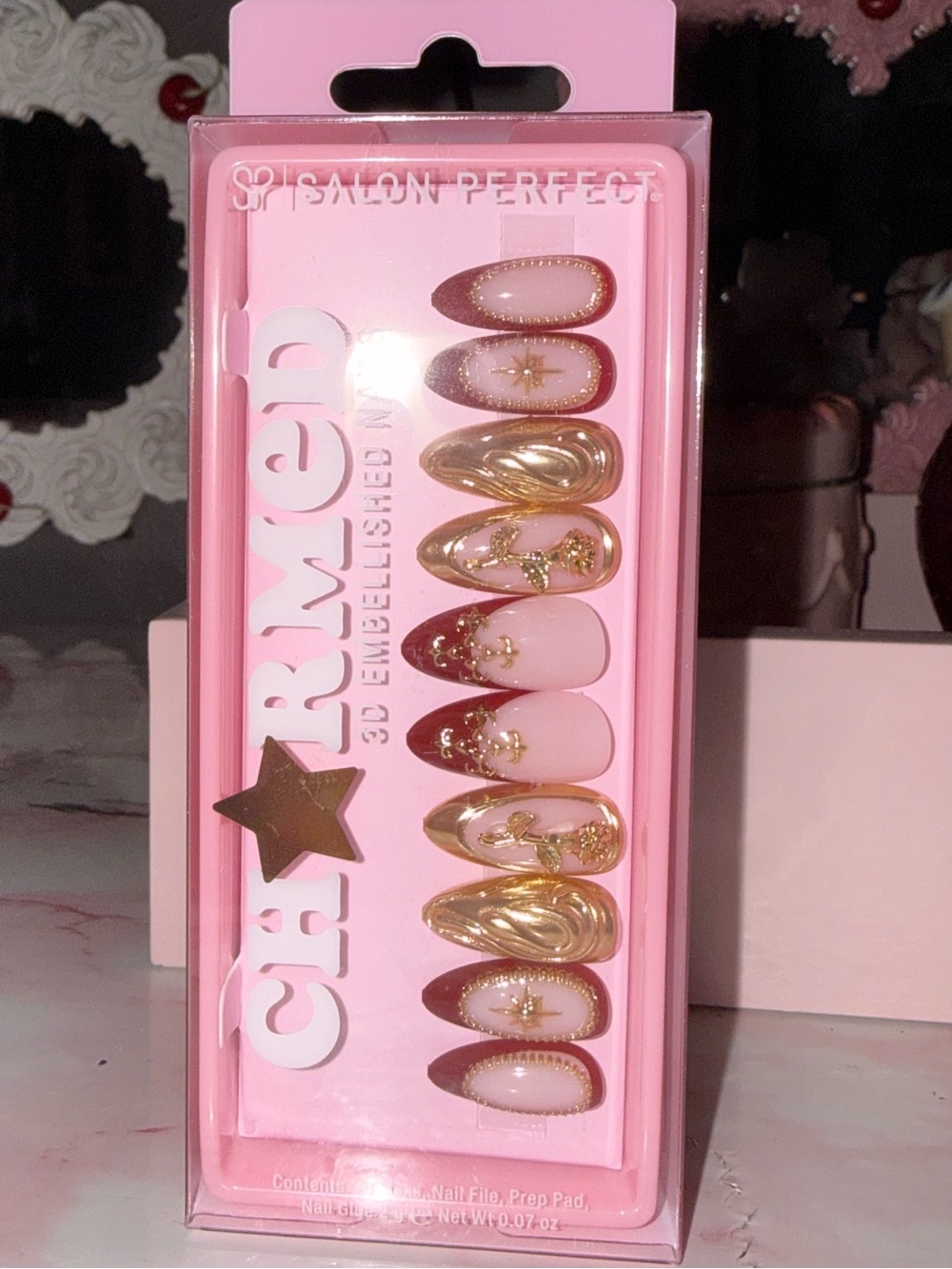 Charmed 3D Embellished Press-On Nails in Pink, Burgundy & Gold - Picture 2 of 8